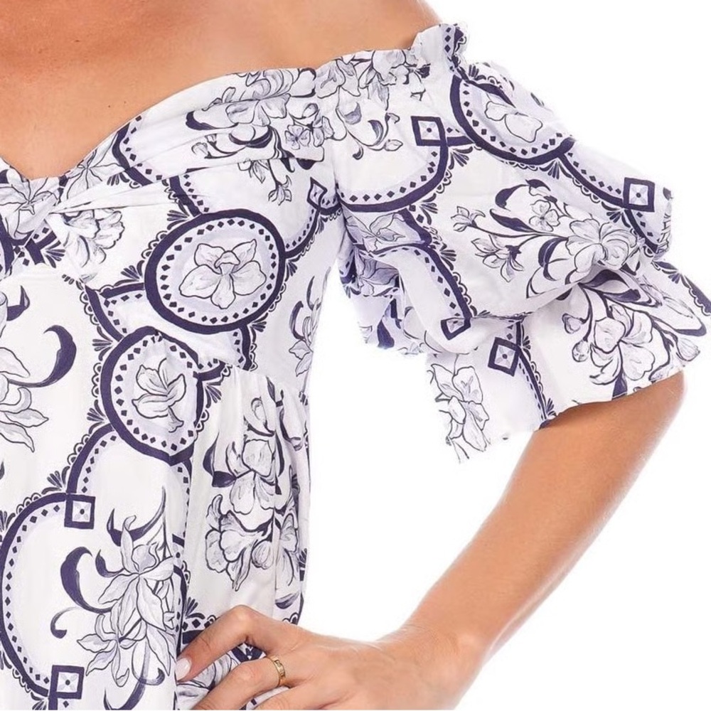 Andres Otalora Raquira Off-Shoulder Floral Tile Maxi Dress Blue White Size 4 - Picture 8 of 12